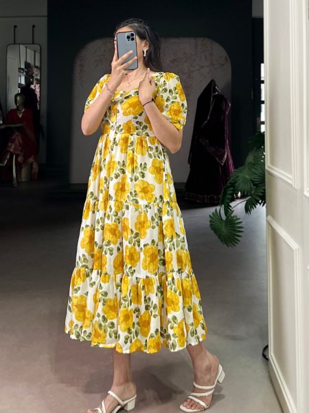 Yellow Floral Print Vichitra Silk Frock with 5 Meter Flair Party Wear  Kurtis