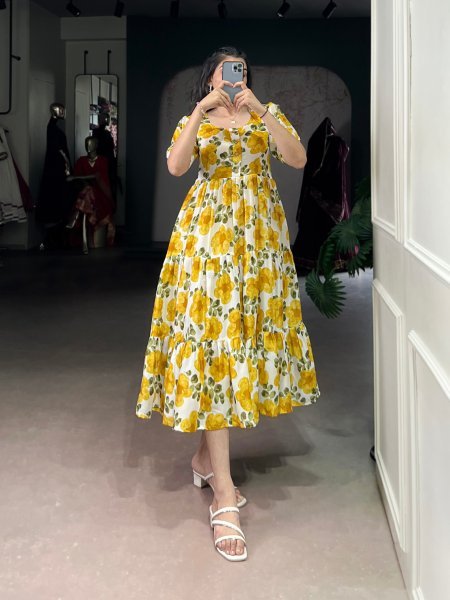 Yellow Floral Print Vichitra Silk Frock with 5 Meter Flair Party Wear  Cotton Kurtis Wholesale
