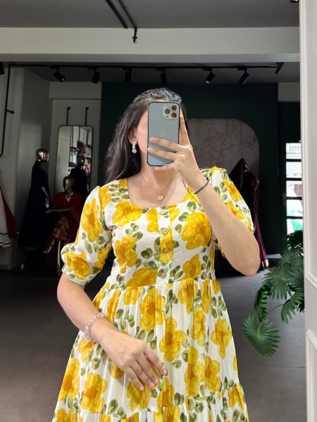 Yellow Floral Print Vichitra Silk Frock with 5 Meter Flair Party Wear  Cotton Kurtis Wholesale
