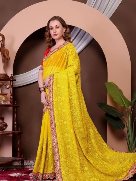 Yellow Georgette Chikankari Saree with Zari Work  Perfect Haldi Ceremony Outfit Chikankari Sarees Wholesale