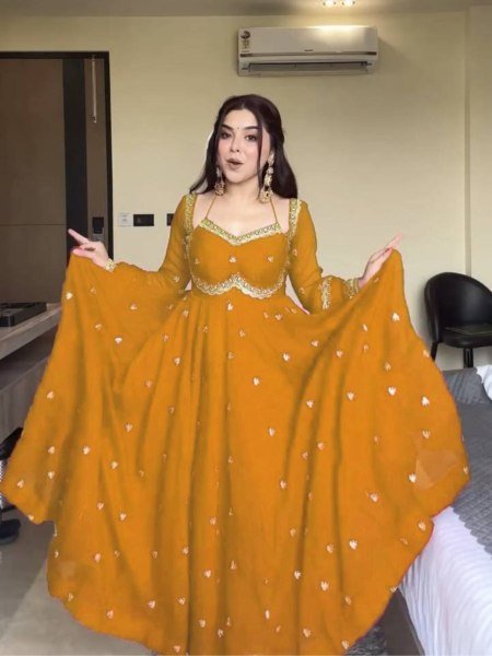 Yellow  Georgette Embroidery Anarkali Suit Set with Dupatta Ready to Wear for Celebrations Haldi Ceremony Outfits