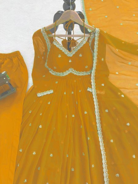Yellow  Georgette Embroidery Anarkali Suit Set with Dupatta Ready to Wear for Celebrations Ready To Wear Collection