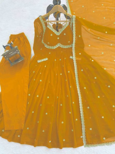 Yellow  Georgette Embroidery Anarkali Suit Set with Dupatta Ready to Wear for Celebrations Ready To Wear Collection