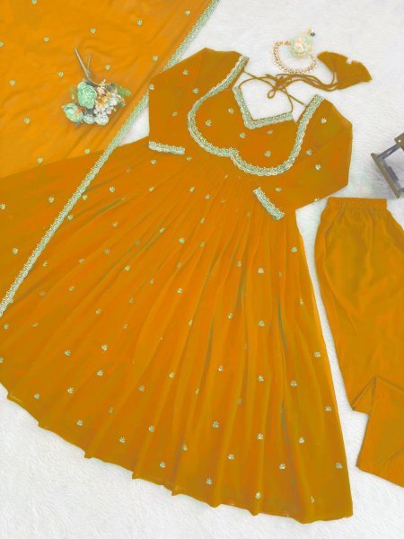 Yellow  Georgette Embroidery Anarkali Suit Set with Dupatta Ready to Wear for Celebrations Ready To Wear Collection