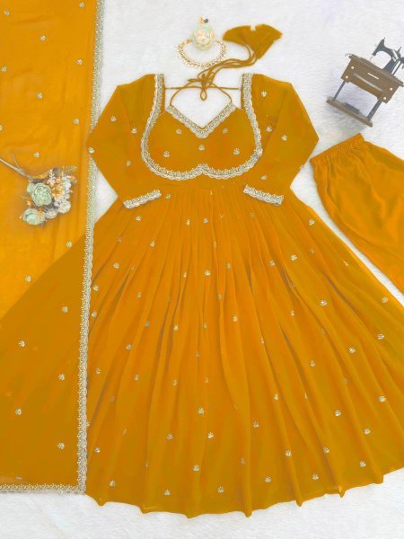 Yellow  Georgette Embroidery Anarkali Suit Set with Dupatta Ready to Wear for Celebrations Ready To Wear Collection