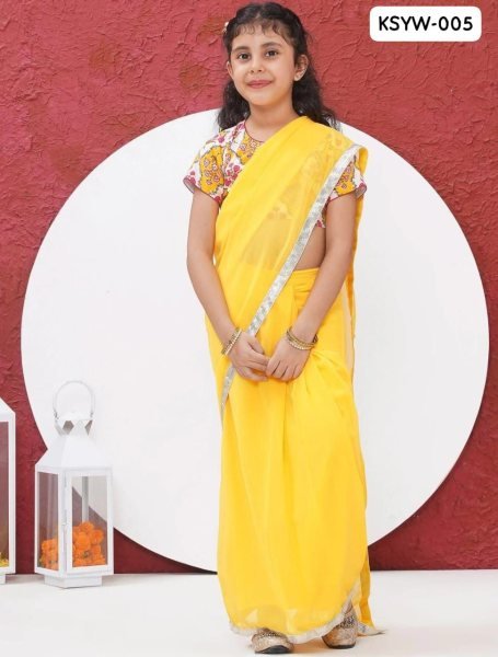 Yellow Georgette Ready To Wear Saree With Silver Lace Border For Baby Girls Girls Wear
