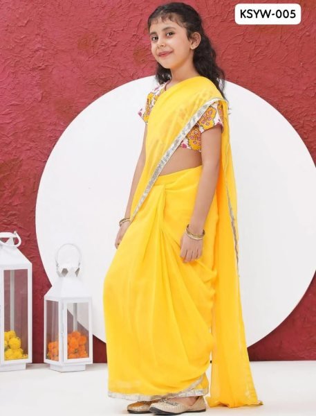 Yellow Georgette Ready To Wear Saree With Silver Lace Border For Baby Girls Girls Wear