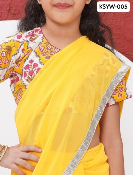 Yellow Georgette Ready To Wear Saree With Silver Lace Border For Baby Girls Girls Wear
