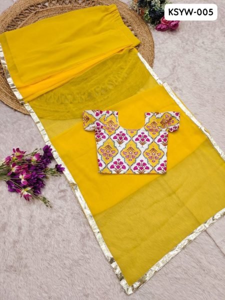Yellow Georgette Ready To Wear Saree With Silver Lace Border For Baby Girls Girls Wear