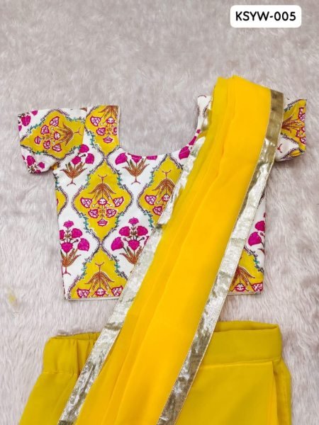 Yellow Georgette Ready To Wear Saree With Silver Lace Border For Baby Girls Girls Wear
