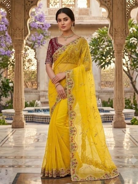 Yellow Georgette Saree with Multi-Thread Embroidered Blouse at Manufacturer  