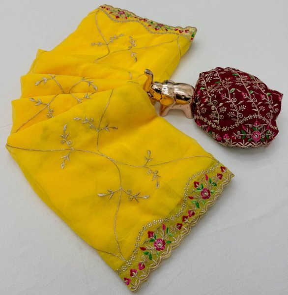 Yellow Georgette Saree with Multi-Thread Embroidered Blouse at Manufacturer  Georgette Sarees Wholesale