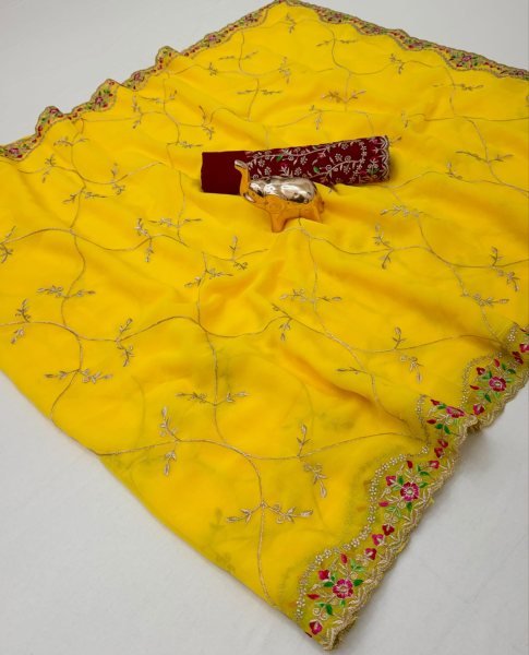 Yellow Georgette Saree with Multi-Thread Embroidered Blouse at Manufacturer  Georgette Sarees Wholesale