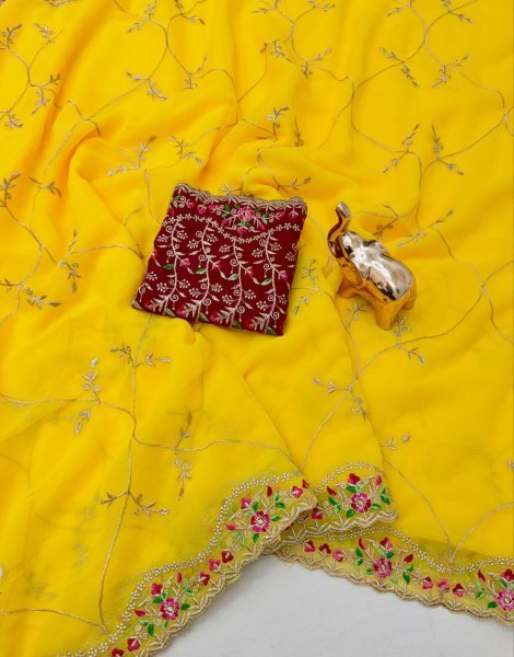 Yellow Georgette Saree with Multi-Thread Embroidered Blouse at Manufacturer  Georgette Sarees Wholesale