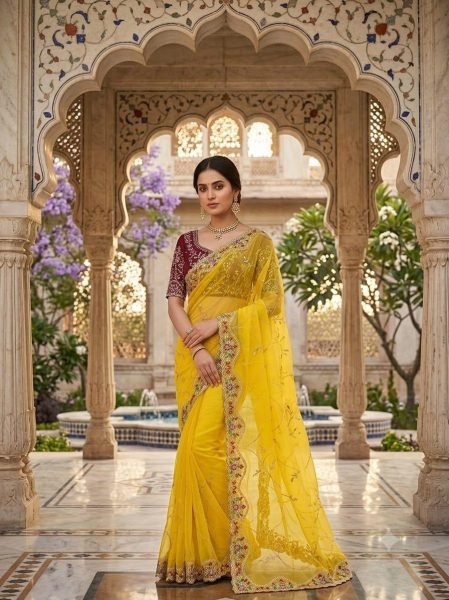 Yellow Georgette Saree with Multi-Thread Embroidered Blouse at Manufacturer  Georgette Sarees Wholesale