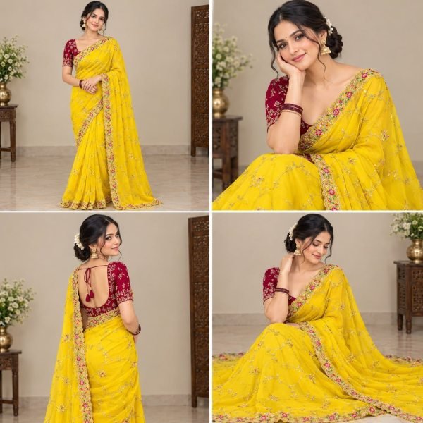 Yellow Georgette Saree with Multi-Thread Embroidered Blouse at Manufacturer  Georgette Sarees Wholesale