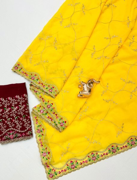 Yellow Georgette Saree with Multi-Thread Embroidered Blouse at Manufacturer  Georgette Sarees Wholesale