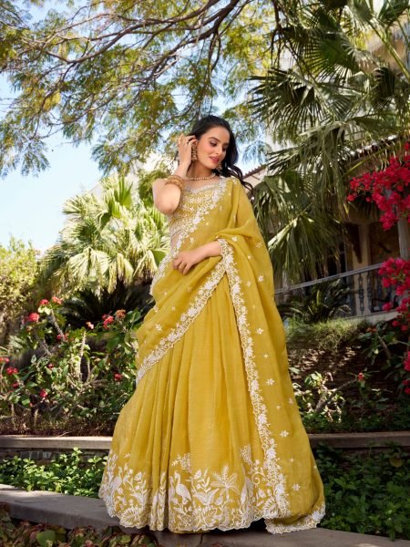 Yellow Gold Crush Sequence   Thread Embroidery Lehenga Choli For Women 