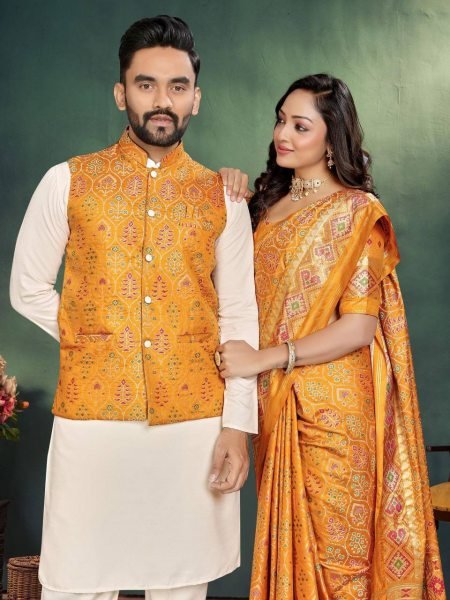 Yellow Haldi Couple Outfit Set Traditional Indian Saree with Mens Kurta Pajama   Jacquard Silk Jacket Online Shopping Couple Combo collection 