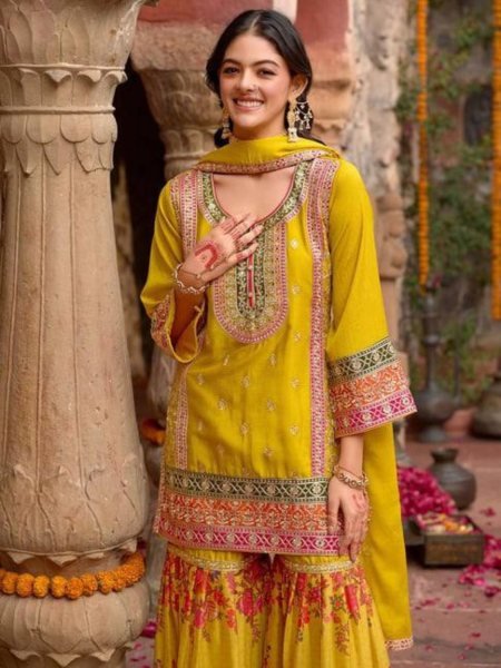 Yellow Heavy Chinon Palazzo Set with Embroidery and Mirror Work Bestselling  Ready To Wear Suit