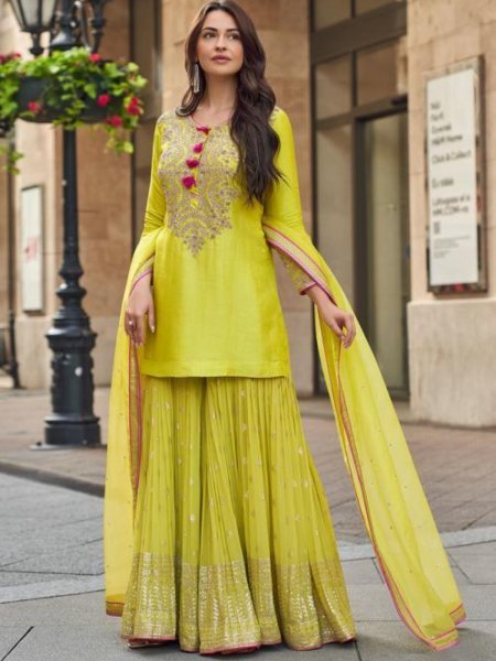 Yellow Heavy Vichitra Silk Kurti Palazzo Set with Embroidery Work and Lace Border Dupatta 
