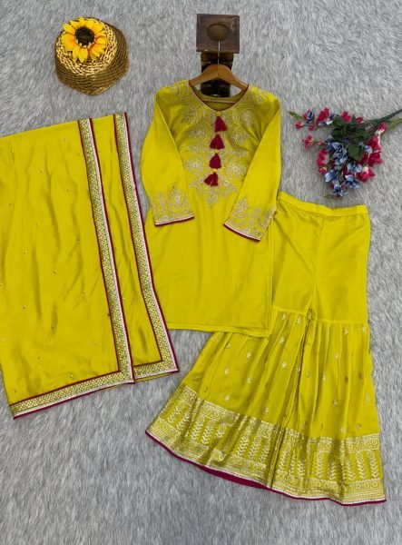Yellow Heavy Vichitra Silk Kurti Palazzo Set with Embroidery Work and Lace Border Dupatta Designer Plazzo Salwar Suits Wholesale
