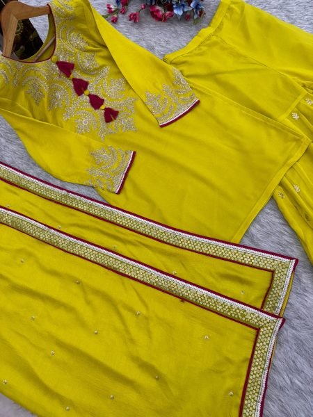 Yellow Heavy Vichitra Silk Kurti Palazzo Set with Embroidery Work and Lace Border Dupatta Designer Plazzo Salwar Suits Wholesale