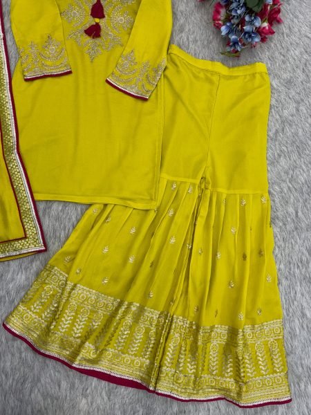 Yellow Heavy Vichitra Silk Kurti Palazzo Set with Embroidery Work and Lace Border Dupatta Designer Plazzo Salwar Suits Wholesale