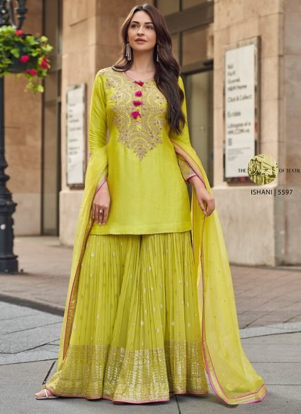 Yellow Heavy Vichitra Silk Kurti Palazzo Set with Embroidery Work and Lace Border Dupatta Designer Plazzo Salwar Suits Wholesale