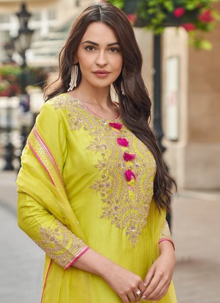 Yellow Heavy Vichitra Silk Kurti Palazzo Set with Embroidery Work and Lace Border Dupatta Designer Plazzo Salwar Suits Wholesale