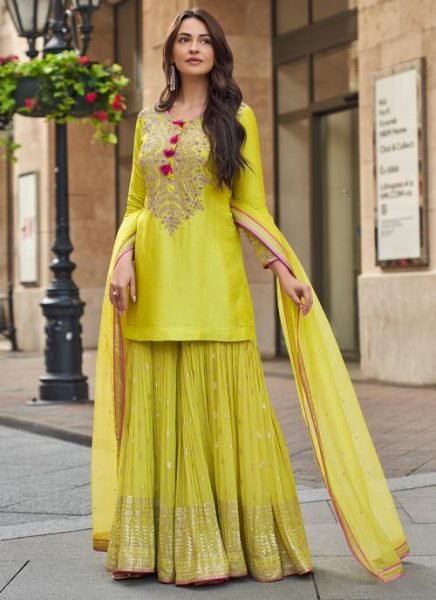 Yellow Heavy Vichitra Silk Kurti Palazzo Set with Embroidery Work and Lace Border Dupatta Designer Plazzo Salwar Suits Wholesale