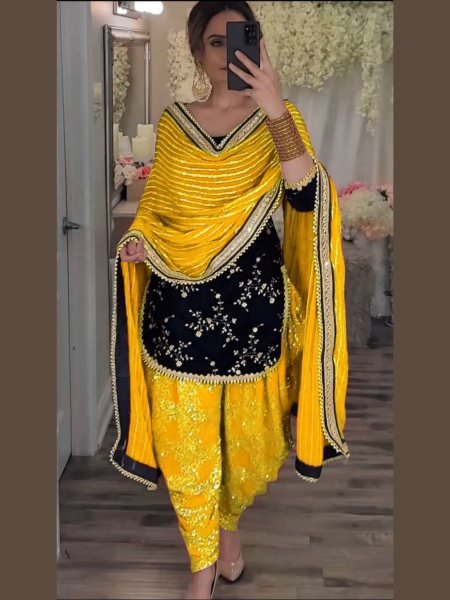 Yellow Heavy Viscose Velvet Designer Top with Embroidered Dhoti Bottom   Georgette Dupatta for Festive Functions Kurtis