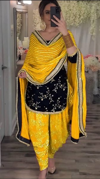 Yellow Heavy Viscose Velvet Designer Top with Embroidered Dhoti Bottom   Georgette Dupatta for Festive Functions 3 Piece Kurti Set