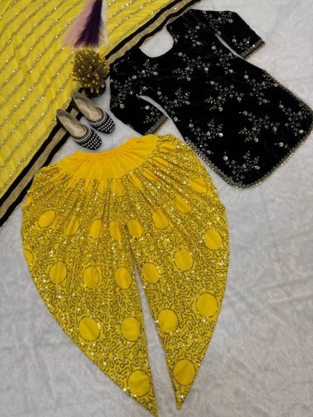 Yellow Heavy Viscose Velvet Designer Top with Embroidered Dhoti Bottom   Georgette Dupatta for Festive Functions 3 Piece Kurti Set