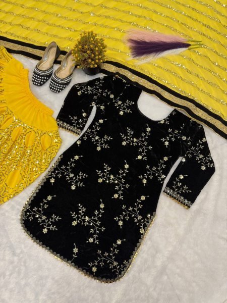 Yellow Heavy Viscose Velvet Designer Top with Embroidered Dhoti Bottom   Georgette Dupatta for Festive Functions 3 Piece Kurti Set