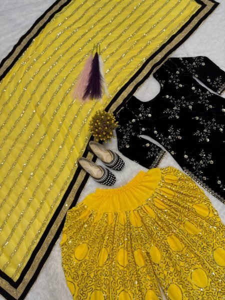 Yellow Heavy Viscose Velvet Designer Top with Embroidered Dhoti Bottom   Georgette Dupatta for Festive Functions 3 Piece Kurti Set