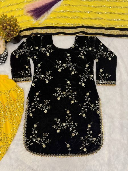 Yellow Heavy Viscose Velvet Designer Top with Embroidered Dhoti Bottom   Georgette Dupatta for Festive Functions 3 Piece Kurti Set