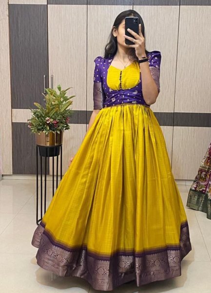 Yellow Jacquard Silk Gown with Dola Checks Koti Perfect for Haldi Ceremonies Haldi Ceremony Outfits