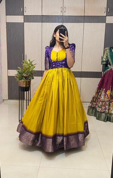 Yellow Jacquard Silk Gown with Dola Checks Koti Perfect for Haldi Ceremonies Plus Size Kurti / Gown