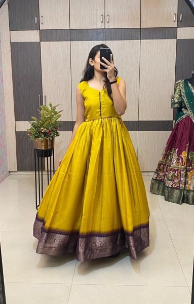 Yellow Jacquard Silk Gown with Dola Checks Koti Perfect for Haldi Ceremonies Plus Size Kurti / Gown