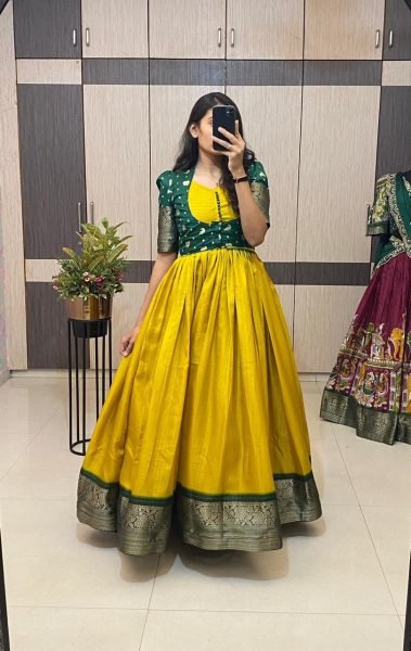 Yellow Jacquard Silk Gown with Dola Checks Koti Perfect for Haldi Ceremonies Plus Size Kurti / Gown