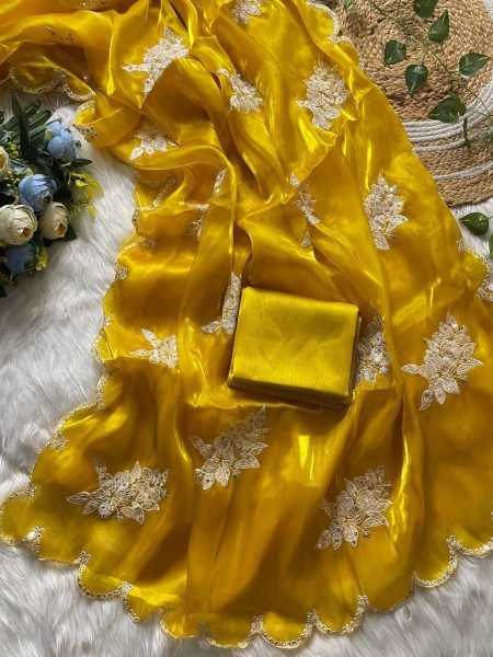 Yellow Jimmy Choo Sequin Saree Glam Look with Designer Cutwork Detailing JIMMY CHOO SAREE