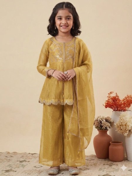 Yellow Kids Wear Top Palazzo Set With Round Neck Design Pattern For Girls Kurtis