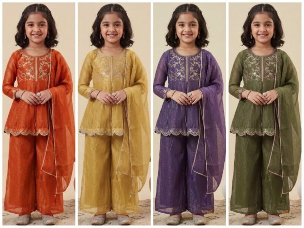 Yellow Kids Wear Top Palazzo Set With Round Neck Design Pattern For Girls Girls Wear