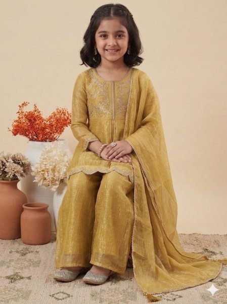 Yellow Kids Wear Top Palazzo Set With Round Neck Design Pattern For Girls Girls Wear