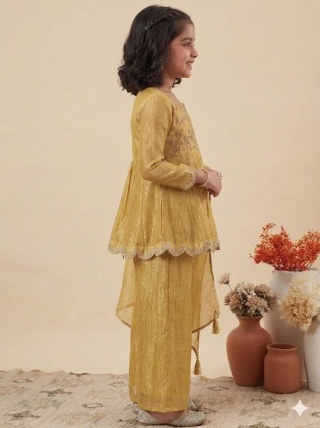 Yellow Kids Wear Top Palazzo Set With Round Neck Design Pattern For Girls Girls Wear