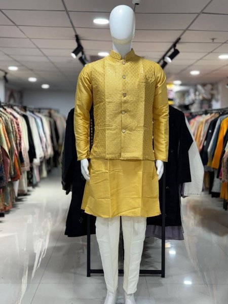 Yellow Men's Pure Silk Koti Kurta Pajama with Mandarin Collar for Wedding Wear Mens Wear