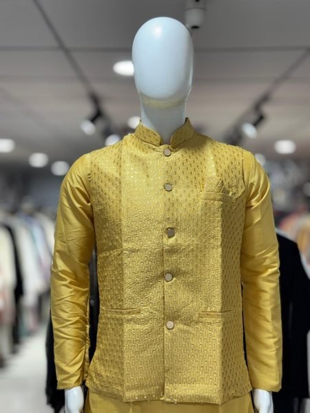 Yellow Men's Pure Silk Koti Kurta Pajama with Mandarin Collar for Wedding Wear Kurta Pajama Wholesale