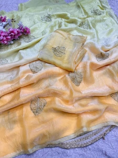 Yellow Mint Green Shard Color Space Silk Saree with Beautiful Semi Beads Embroidery Sarees 