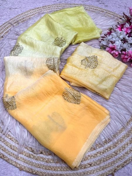Yellow Mint Green Shard Color Space Silk Saree with Beautiful Semi Beads Embroidery Bollywood Fancy Sarees Wholesale